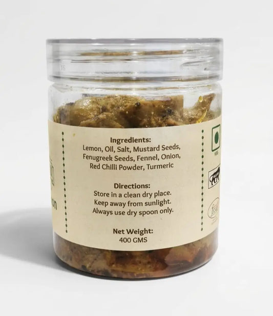 Homytangs spicy lemon pickle jar with vibrant label, showcasing the 400g size and colorful packaging.