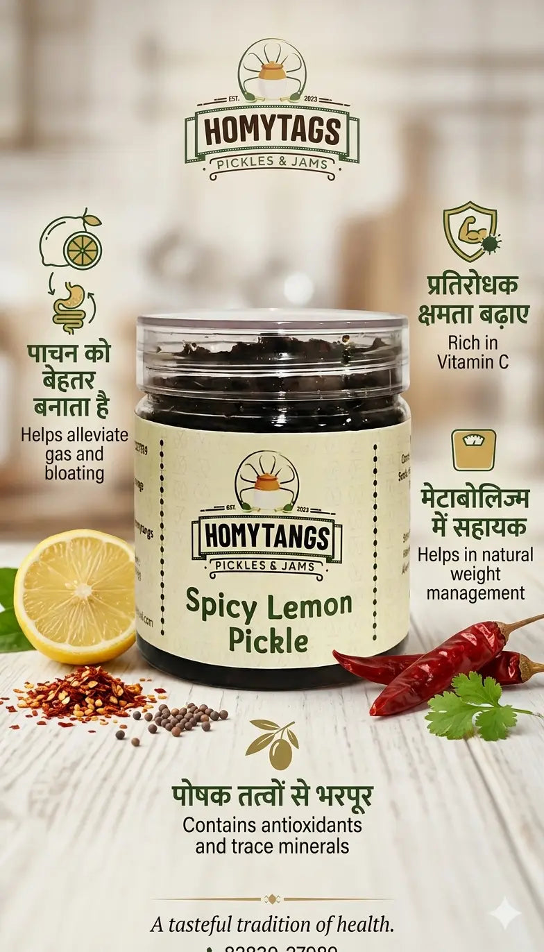 Homytangs spicy lemon pickle in a 400g jar with vibrant lemon and spice ingredients visible inside the jar.