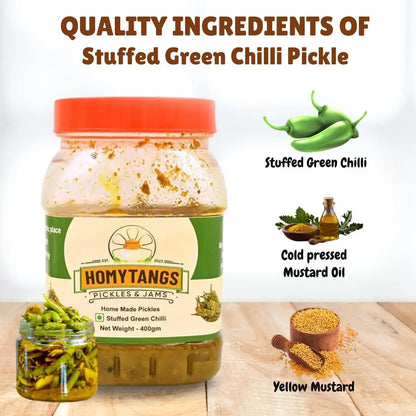 HomyTangs Bharwa Hari Mirch Achar in a 400g jar, featuring stuffed green chillies with spicy pickle visible inside.