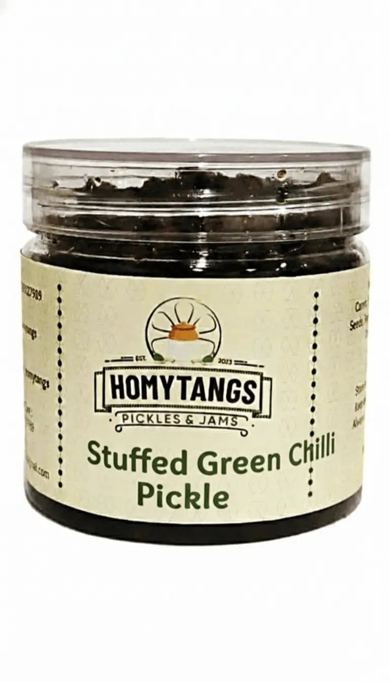 Homytangs Bharwa Hari Mirch Achar 500g Jar |Stuffed Green Chilli Pickle |Immunity Boost Ghar Ka Taste. - HomyTangs