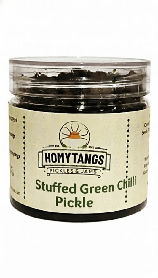 Homytangs Bharwa Hari Mirch Achar 500g Jar |Stuffed Green Chilli Pickle |Immunity Boost Ghar Ka Taste. - HomyTangs