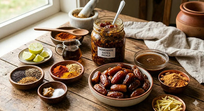 Homytangs Premium Khajoor Dates pickle in a 400g jar, showing the jar with dates pickle inside and label on the front.