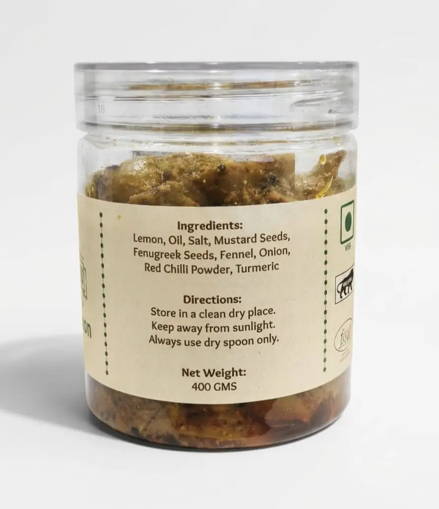 Homytangs spicy lemon pickle jar with vibrant label, showcasing the 400g size and colorful packaging.
